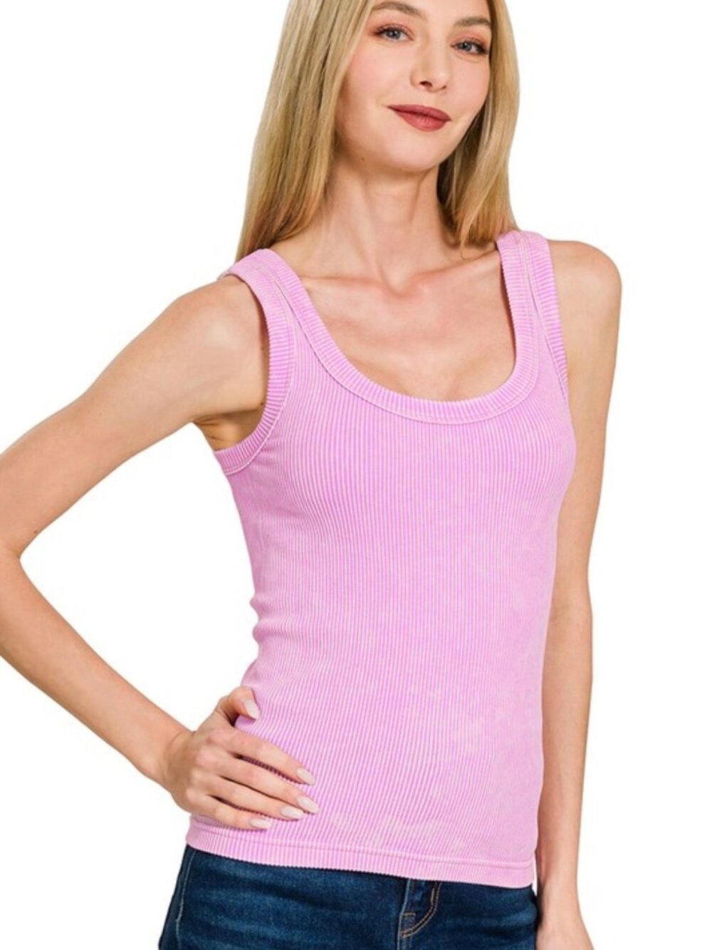 Zenana 2 Way Neckline Washed Ribbed Seamless Tank Top, Mauve